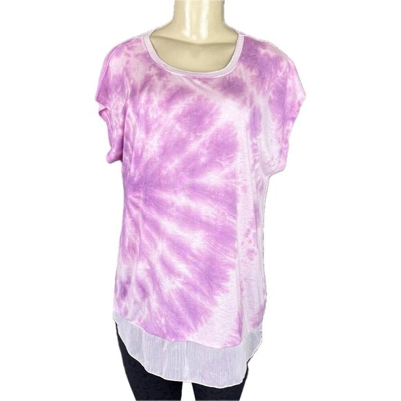 C&C California L Purple-Pink Tie-Dye Mesh Crew Neckline Mesh Step-Hem Muscle Tee - Picture 2 of 6